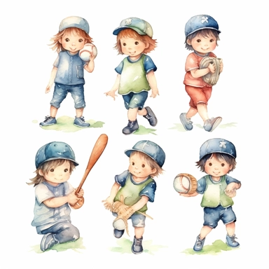 Watercolor cute little baseball players and their moms, illustrations clipart set, simple, christmas colors , cartoon elements ,different variants , separate elements with a margin, 4k, high resolution