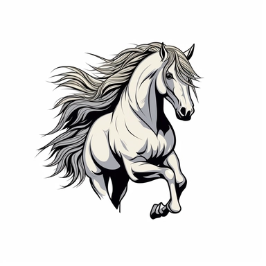 Clip Art, 2d, Flat Vector, SILVER ARABIAN Breed Horse With BLACK Extremely long thick Mane LOGO on White Background, NO TEXT, NO WATERMARK,
