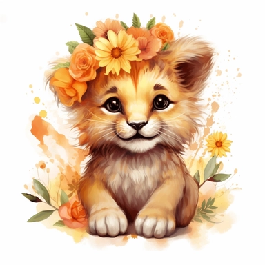 cute baby lion with a smile on its face and flowers, soft color, HD, cartoon image, on white background, glowing eyes Clipart,Cartoon, hyper realistic, intricate detail, illustration style,high solution,on the white background