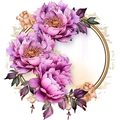 peonies in a circle, gold ribbons, Clipart Card Making, Mixed Media, Craft, purple pink, white background