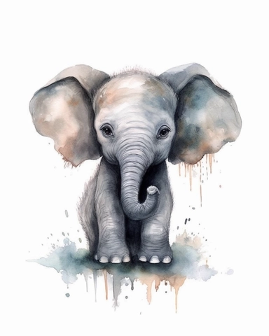 a realistic baby ELEPHANT clipart with watercolor illustration, full body shot ,8k, style of Bohemian, style of Anna Süßbauer and Jon Klassen,vector, Vector, white background,Solid Background, Sharpness and clarity, masterpiece, trending on Artstation and Dribbble.