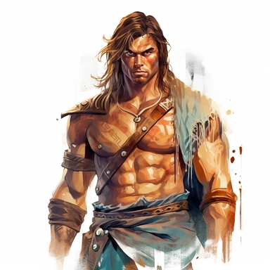 beautiful stunning handsome vintage barbarian d&d male character, paint art style, clipart, white background, superrealistic, one of a kind