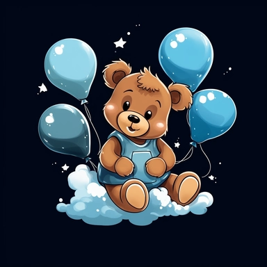 Cute Simple Cartoon Brown Baby teddyBear sitting on a cloud smiling wearing a blue bib and holding white and blue balloons, clipart, black background