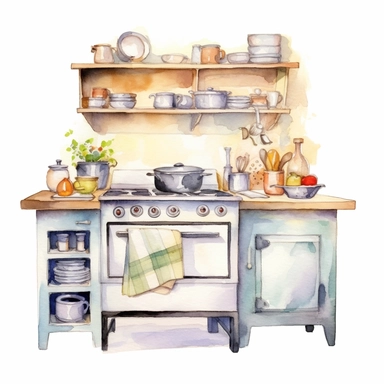 watercolor clipart, small vintage country kitchen unit in decent light colors, white background, view from front, high quality, highly detailed, sharpness