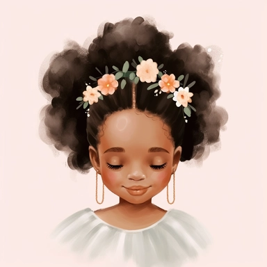 black toddler girl with flowery crown, smiling, pastel colored flowers, 2 pigtails hairstyle, soft illustration, minimalist art, no eyes, no nose, no lips, faceless, pastel tulle ruffle top, clipart