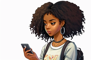 a black teenage girl using a cell phone cartoon, clipart, hd, on white background, spaced out