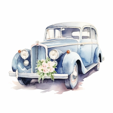 watercolour wedding car, clipart on white background, highly detailed, professional color gradation, clean sharpness