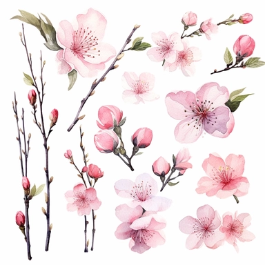 Immerse yourself in the beauty of a cherry blossom landscape with this captivating clipart collection. The set features watercolor sakura blossom PNG images, each delicately painted to capture the ethereal nature of these iconic flowers. The pink floral elements can be used to enhance various designs, including wedding invitations, baby shower announcements, and more. The graceful sakura blossoms exude a sense of romance and tranquility, creating a whimsical atmosphere. Let the soft pink petals 