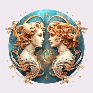 mystical astrological Gemini zodiac sign, fantasy, fairytale, astrological details, storybook, 3D, clipart, digital painting, light ink, very detailed, very realistic, white background, bright mood, 4k quality