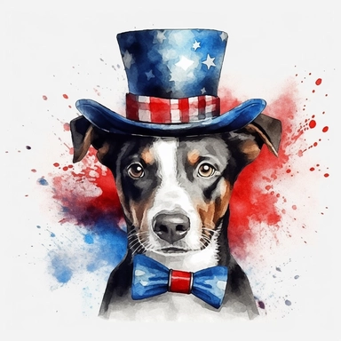 dog with top hat painted in american flag, amazing watercolor clipart, blue, white, red, ultra realistic, hd, independents day, patriotic usa
