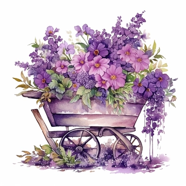 a set of unique EFFERVESCENT watercolor style clip art images in purple and green flowers growing a flower box, other purple flowers growing around it, lavender flowers, Wheelbarrow, dreamy intricate designs, the setting must be a floral dream, a secret garden theme, including garden decorations with elements such as fantasy, fantasy-inspired floral patterns, The overall mood of the images should be a fantasy floral wonderland, with a focus on the beauty and fantasy of gardening, and the eleganc