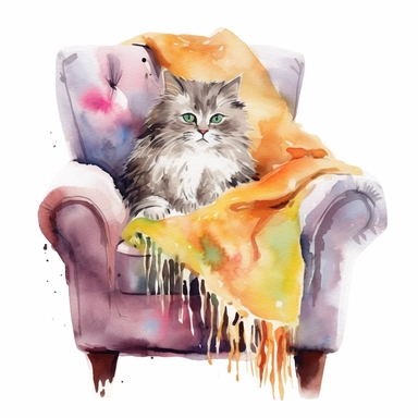 watercolour cute fur blanket on an armchair and an evil cat, clipart, hd, isolated on white background, png