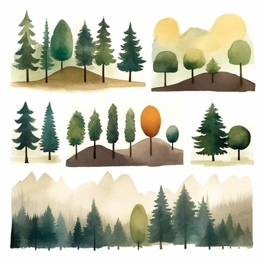 clip art forest elements sprites (montains, far forests, sun, clouds, rivers) sheet by jon klassen，clean