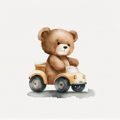 Watercolor brown fluffy jointed plain Teddy Bear clipart, wearing a white t-shirt, driving a toy car, happy, white back ground, no captions or text