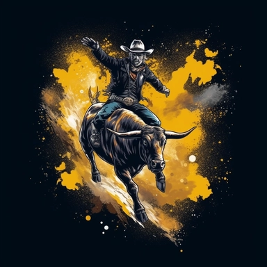 Cowboy bull ride illustration, nebular mix background, black and yellow color, clipart, photorealistic illustration, watercolor, high detail, 8k polished, 8k, vibrant colors, sticker, majestic, die cut, black background