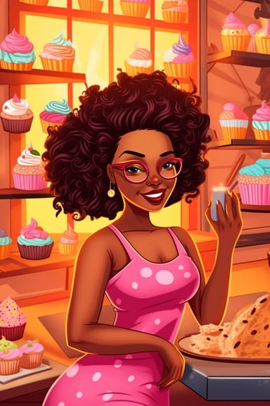 gorgeous sweet black woman, clipart, cartoon illustration, cupcake prodigy, christa mckenzie pose and head pose photos a new cupcake business website, in the style of vibrant bakery backdrops, synthetism-inspired, pop cultural, 32k uhd, smilecore, embroid