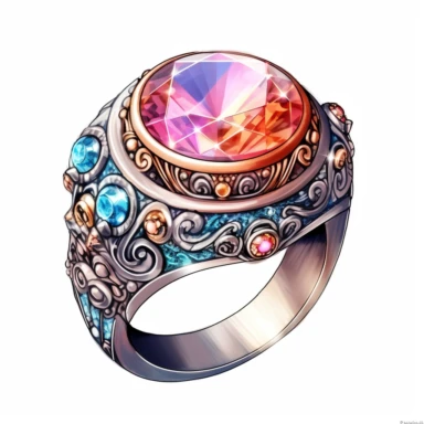 Craft an intriguing clipart of a mythical ring against a pristine white background. The ring should possess intricate designs and be encrusted with glistening gemstones. Let it emanate a soft, magical glow when worn, symbolizing the wearer's connection to mystical forces.