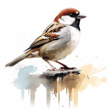 House sparrow. use a combination of vibrant colors and subtle variations in color to capture the freshness and vitality of the scene. Let the transparent and flowing nature of watercolors add a sense of lightness and movement to the painting, clipart, plain isolated white background, 8k ultra detail high sharpness