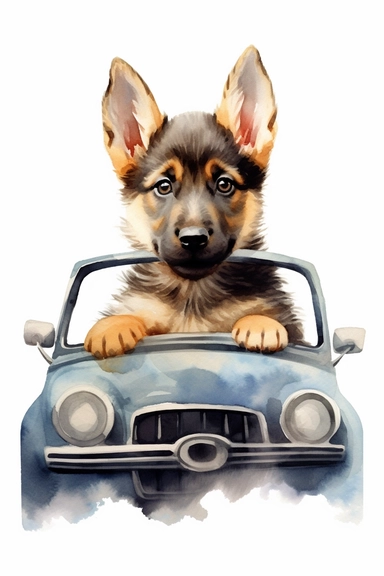 cute baby german shepherd driving car, unique, clipart, adorable, watercolor, realistic, 8k, high quality, no background