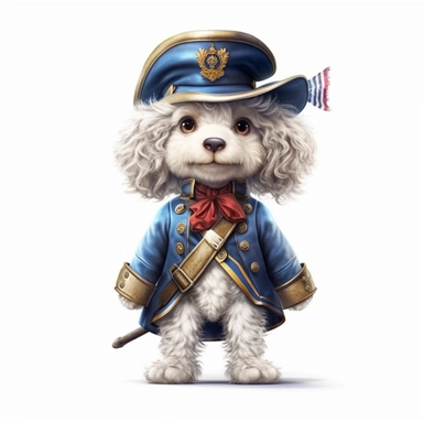 Adorable cute fantasy baby dog dressed like musketeer standing in dynamic pose,front view,fullbody,sharp through out,happy expression, nursery art, clipart image, lineart image, white background, very detailed, 8k, composition wide shot