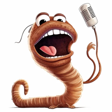 a long brown earthworm with an oversized mustache and big upper lip singing in a microphone clipart white background