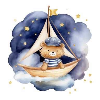night sky clouds and a swarm of golden stars. a cute plushie sailor bear in a striped blue and white shirt and a sailor hat, in a wooden sailboat with a white sail, sailing on fluffy clouds not sea. dreamy. prominent visible brush strokes, watercolour texture, watercolor clipart png on white background