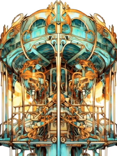 panel of amberwood, clipart, frontal, carousel, papers displayed like a fan, soft, flowing lines, elegant, Art nouveau, teal and amber color scheme, Alcohol ink watercolor, no background