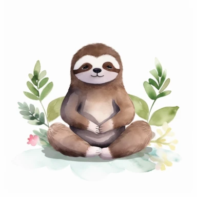 cute cartoon sloth in yoga lotus position, watercolor, white background, minimalistic, clipart