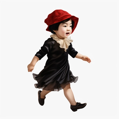 Singer Yoko Ono as a 2 year old toddler, wearing a classic black satin chanel dress, red shoes, red velvet bowler hat, gold silk scarf, dancing, irradiant facial expression, plain white background, clipart