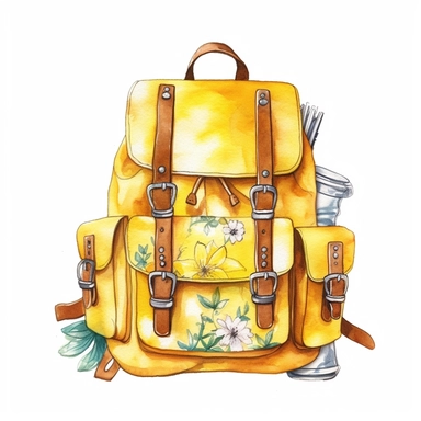 Travel Watercolor Clipart, backpack 19 yellow girly , single object,isolated on white background, highly detailed, hand painted watercolor illustration by Cath Kidston, Emma Bridgewater,white background for removing background--no text shadow font watermark