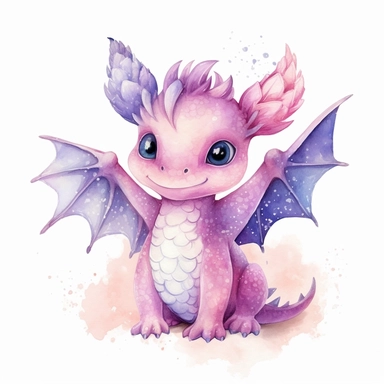 Watercolor fantasy baby dragon clipart full body, flying and sitting, pink and violet color palette, hand painted, white background