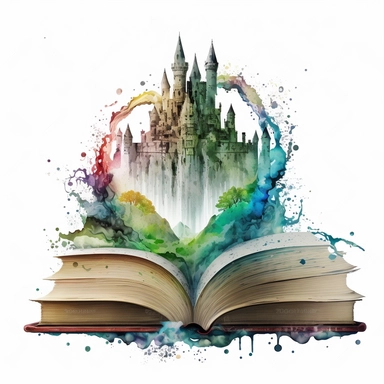 Clipart, Mythical Watercolor Castle Emerging from an Open Book, no background, hd
