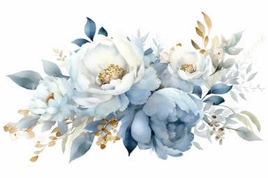 dusty blue and white flowers, peonies, austin roses, big blooms, with muted green whispy foliage with gold flicks, elegant and beautiful floral clipart for wedding invitations, delicate, watercolor, oil painting, defined edge on white background