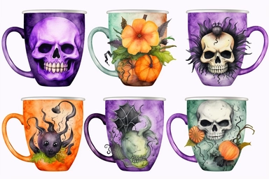 halloween coffee mug, purple, black green, orange, watercolor clipart