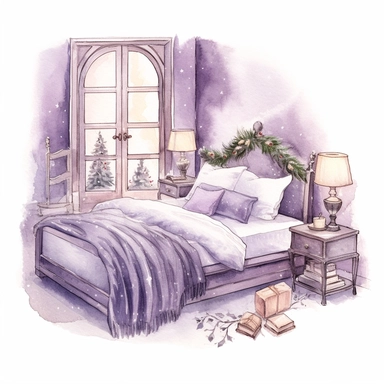 watercolor clipart of a cute vintage bedroom, sparkles, cosy winter wonderland vibes, isolated on white background
