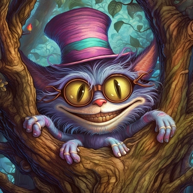 COMIC/CARTOON fantasy magical wacky cheshire cat in a huge tree,large eyeglasses, hats, muted colors, swirls, twists, twirls, metallic, glitter, stylized, funny, centered, airbrushed, digital oil, detailed illustration, clip art, cartoon, 8k, ar 9:8