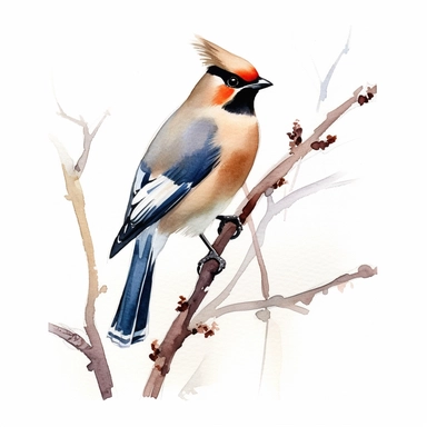 BOHEMIAN WAXWING, watercolor painting by JOHN SINGER SARGENT, clipart, white background