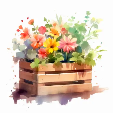 clipart, a watercolor painting of a wooden flower box filled with beautiful flowers and plants, in the style of yanjun cheng, colorful animations, rough clusters, clean and simple designs, leica cl, warm color palettes, colorful washes, white background--ar 34:33