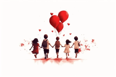 cute beutiful boys and girls together holding hands, red half of the heart shape balloon geometric minimalist , valentine's day, top view, running in Tokyo, ink, Ghibli style, 8k, Leyka 35mm very detail clipart on white background space out 8k