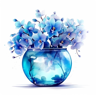 Beautiful vivid watercolor blue orchids, fancy round glass vase, creative décor, illuminated with the sun’s rays, isolated white background, clipart, hd quality