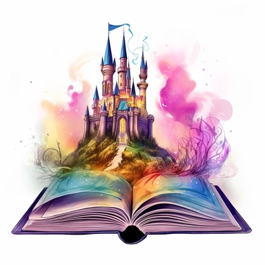 a watercolor fantasy book clipart, the book has a castle and enchant magic garden on it, in the style of technicolor dreamscape, swirling vortexes, nightcore, dissected books, disney animation, symbolic images, whimsical portraits