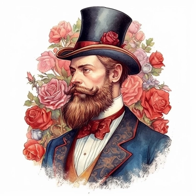 Distinguished Victorian gentleman with a well-groomed beard and a top hat, adorned with a lavish boutonniere of vibrant red roses. White background, clipart, watercolor, intricate detail.
