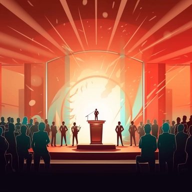 corporate clip art style background animation podium on a stage with a crowd below listening