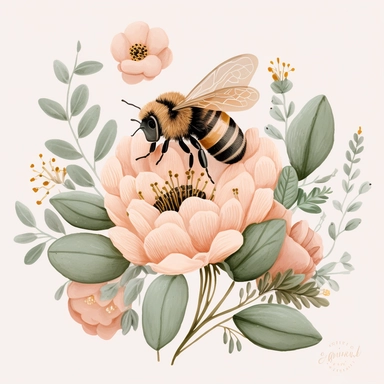 clipart, a rifle paper co illustration of one cute honeybee on pastel pink flower on a white background
