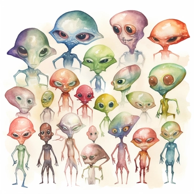 watercolor painting of many alien beings clipart many variants on one picture in different design