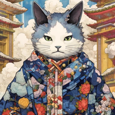 Construct a generative art installation that uses algorithmic techniques to create an ever - changing display of comical manga panels, featuring iconic Japanese characters experiencing humorous and unexpected situations, Ragdoll cat wearing a beauty of Japan kimono. incredibly detailed, sharpen details, watercolor & Gouache painting, Premium clipart, clean line, on only white background, spaced out, award winning picture, incredibly detailed, sharpen details, Color Grading, Ultra - Wide Angle, D