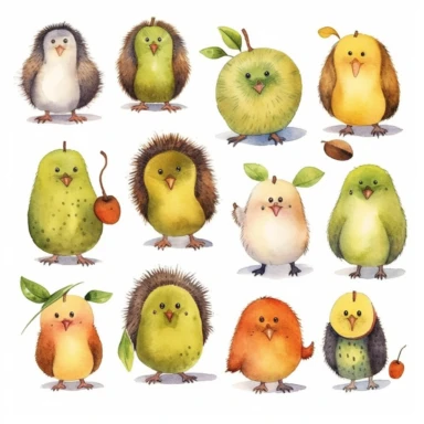 Draw a set of playful and colorful, watercolor style illustrations of kiwis, evenly space elements for clipart, white background