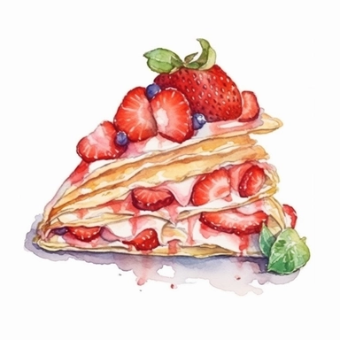a watercolor Crepe with Strawberries dessert clipart, hd, on white background, spaced out