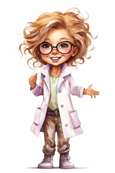 happy cute little girl 5 years old, doctor, folk art, watercolor, clipart elements, smooth gradients, black contour outline, ultra detailed, minimalistic colors, white background, super clear, high quality