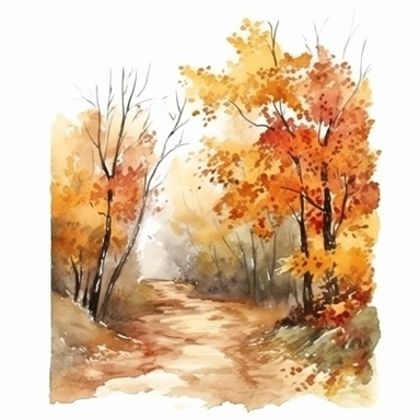 Path in the autumn forest, landscape, autumn leaves, watercolor, clipart, white background